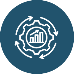 Gear and arrows with growth chart icon.
