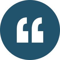 White quotation marks on blue circular background.