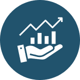 Hand holding upward-trending bar chart icon.