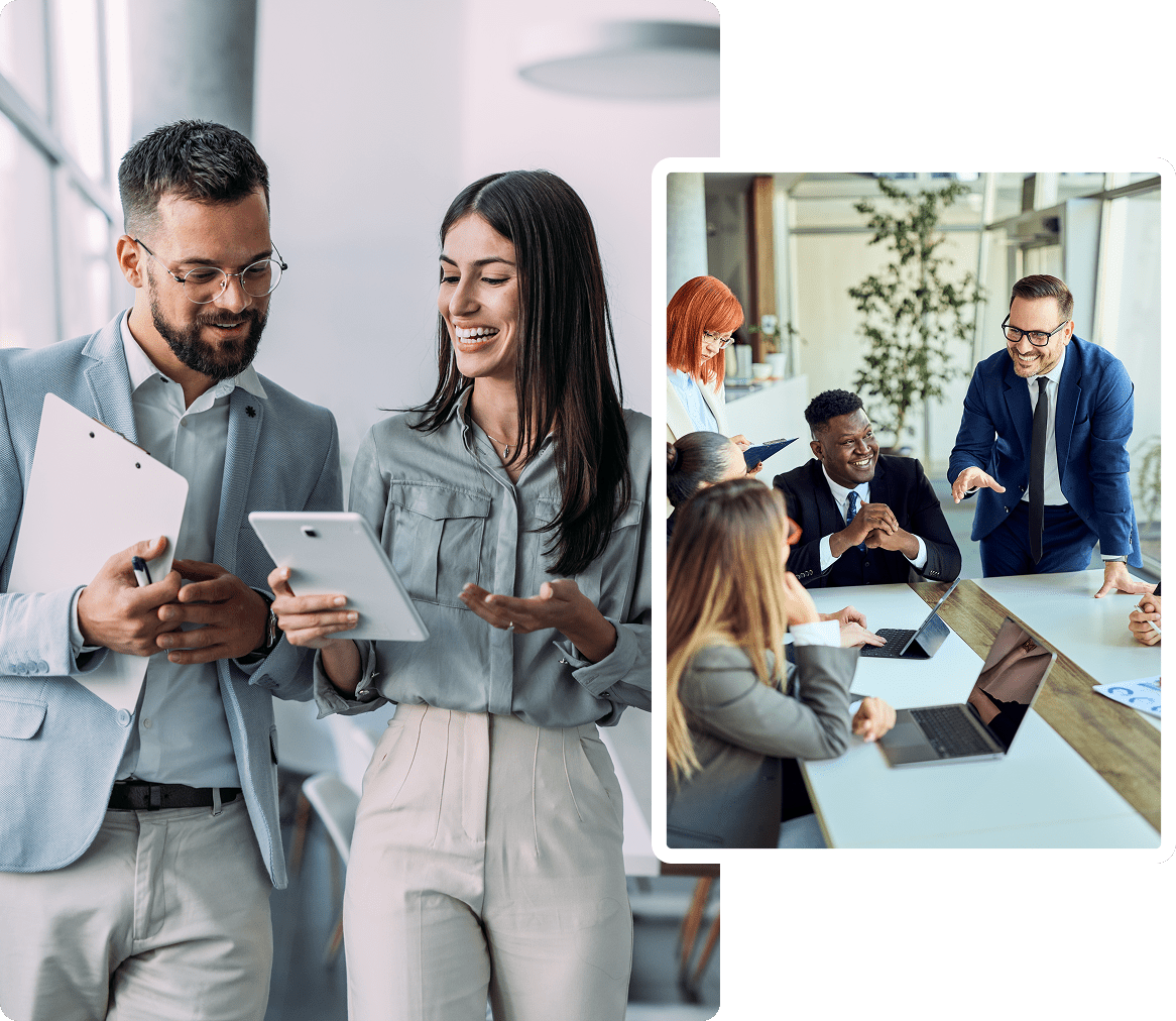 Business meeting and discussion in office setting.
