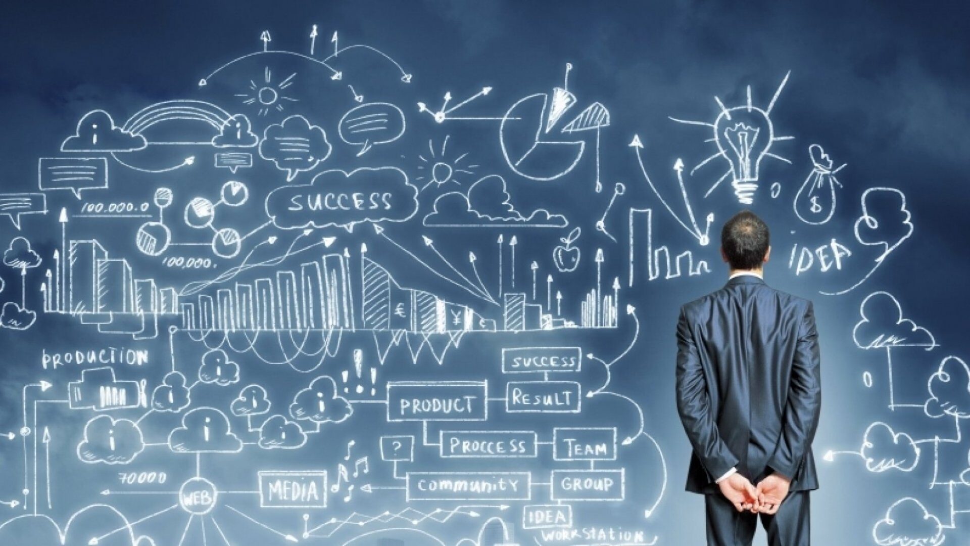 Man contemplating business strategy sketches on wall.